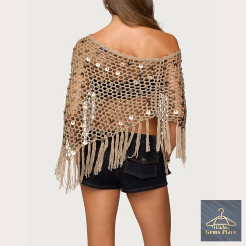 Sheer Mesh Knit Poncho Top Asymmetrical Beach Cover Up Lightweight - Picture 3 of 4